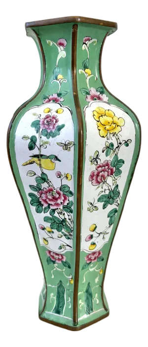 Chinese Canton Enamel Copper Hexagonal Vase With Bird and Floral Decorations