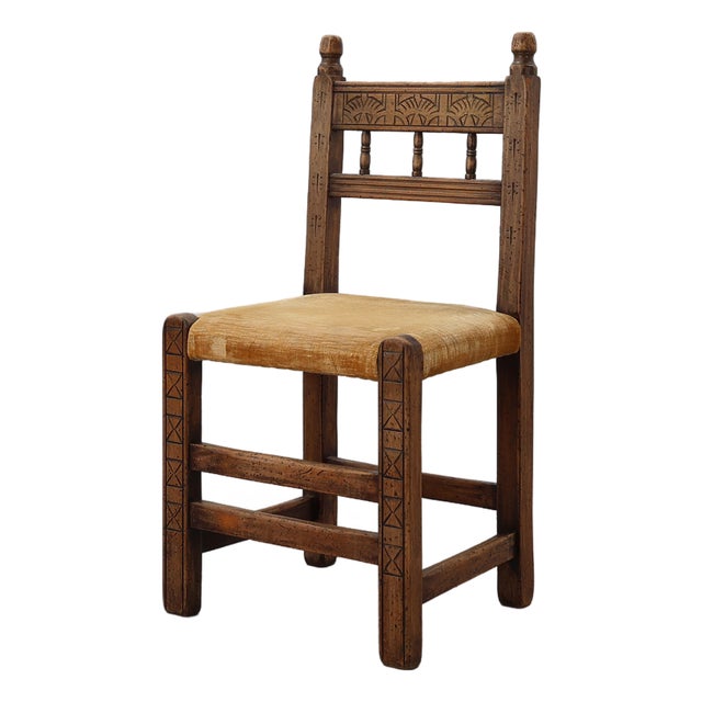 Spanish Hand-Carved Oak Side Chair with Velour Seat, 19th Century For Sale