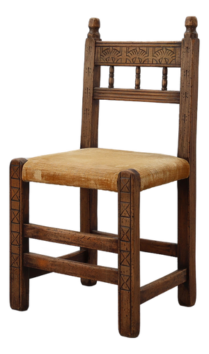 Spanish Hand-Carved Oak Side Chair with Velour Seat, 19th Century