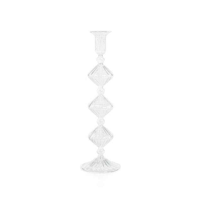 Illuminate your space with this exquisite clear glass taper candle holder, featuring a captivating bell-inspired cup...