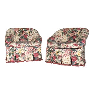 Baker Tufted Floral Chintz Swivel Club Chairs - a Pair For Sale