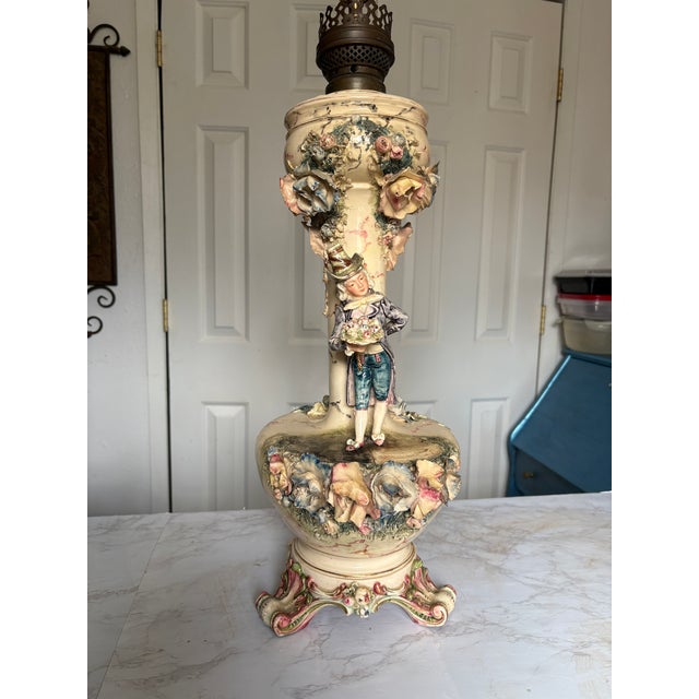 French Late 19th Century Dresden Style Converted Kerosene Lamp. One Working Lamp. For Sale - Image 3 of 11