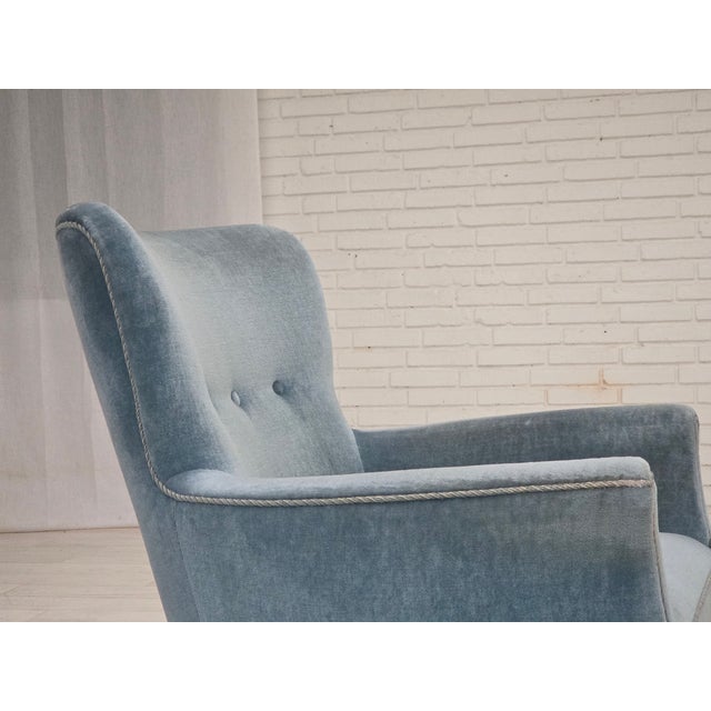 Set of Vintage Danish Chair with Ottoman in Blue Furniture Velour and Oak, 1960s For Sale - Image 11 of 18