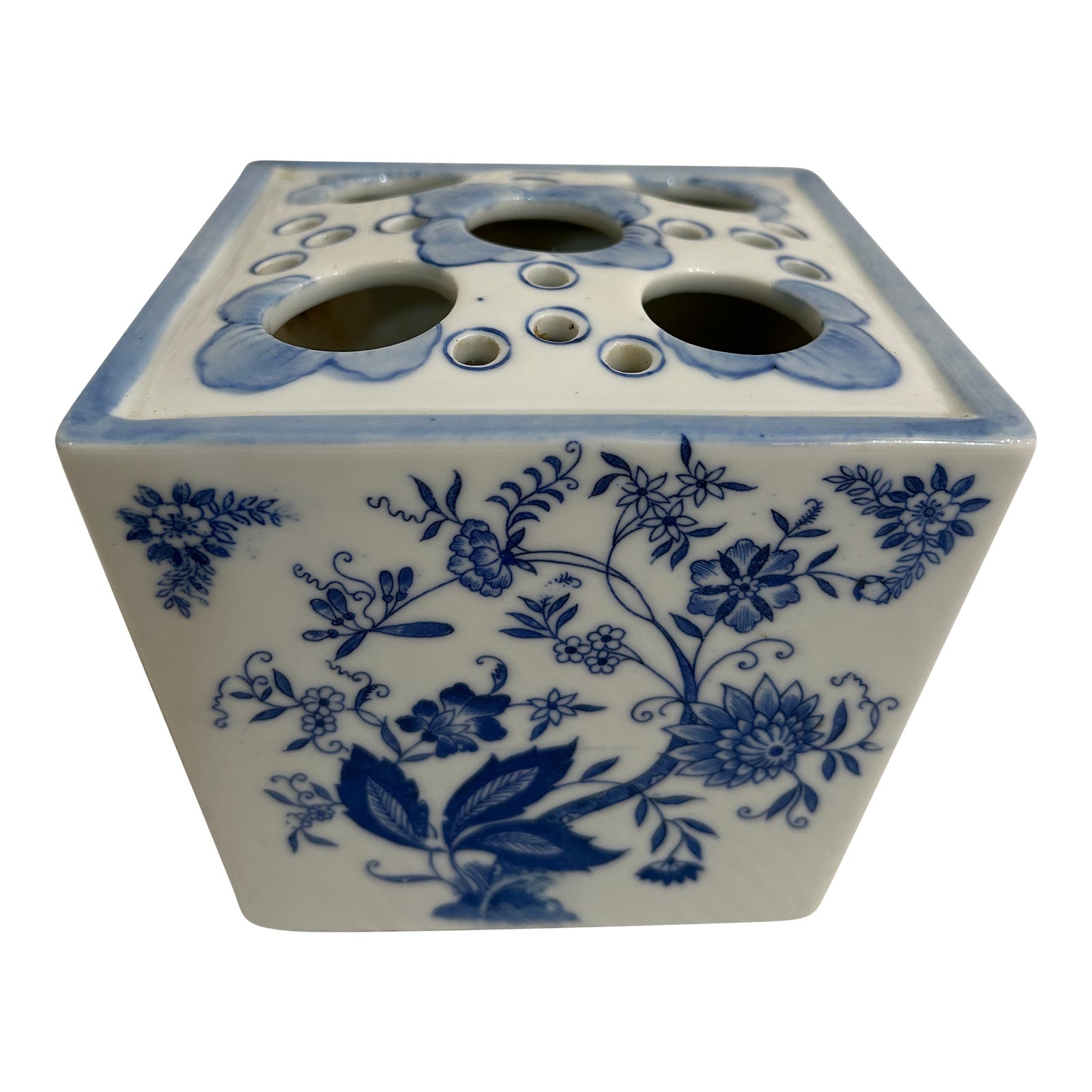 1980’s Andrea by Sadek Blue and White Flower Frog Vase Chairish