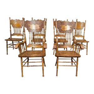 Late 20th Century Set of Six Vintage Oak Carved Pressed Back Dining Chairs