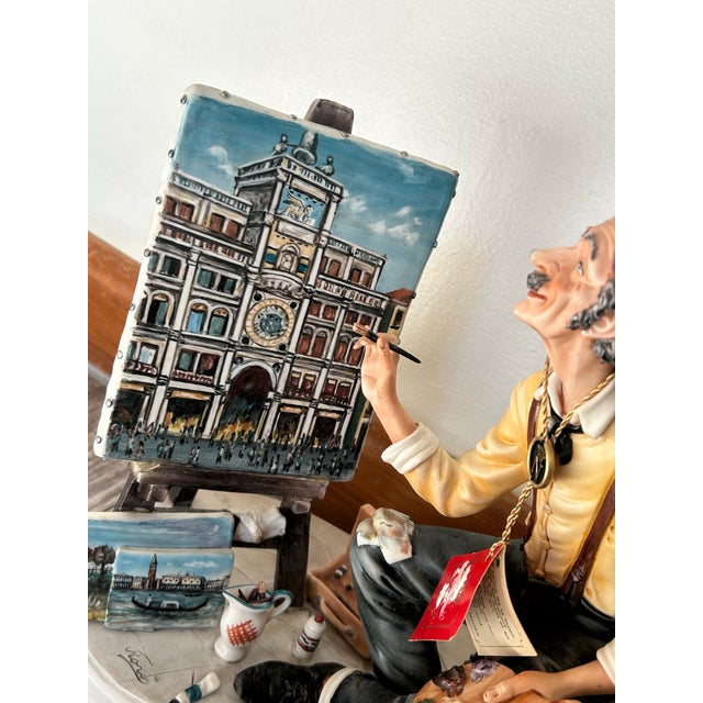 1970s Vintage Signed Rori Capodimonte Figurine Painter at Easel Venice Torre Dell Orologio La Medea Italy Flawless With Tag For Sale - Image 5 of 11