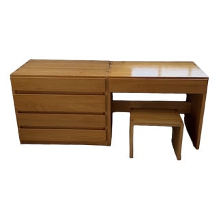 Savoie Desk, Chest of Drawers and Stool in Pine from Maison Regain, 1970s, Set of 4 For Sale