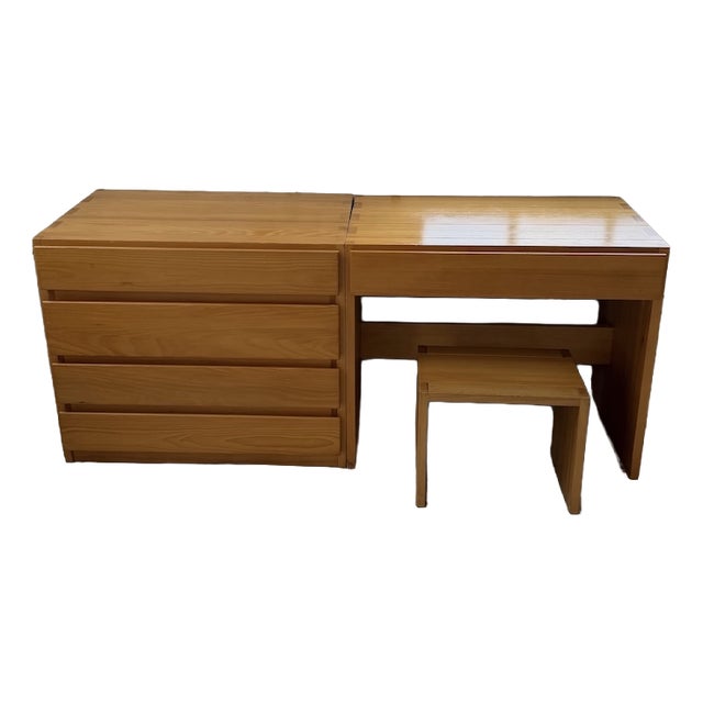 Savoie Desk, Chest of Drawers and Stool in Pine from Maison Regain, 1970s, Set of 4 For Sale