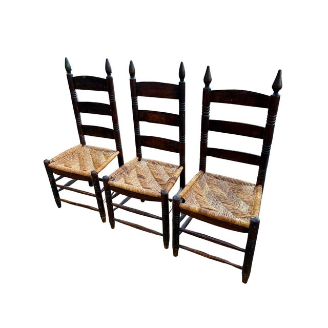 Wood Set of Three Antique Primitive Ladder-Back Chairs With Woven Herringbone Rush Seats and Finials For Sale - Image 7 of 12