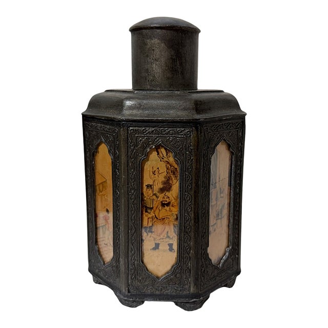 Late 19th Century Chinese Shantou Pewter Octagonal Tea Caddy With Reverse Painted Glass Panels For Sale