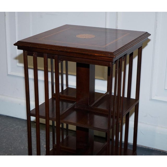 Mid-Centry Sheraton Revival Inlaid Revolving Bookcase End Table on Castors For Sale - Image 4 of 17