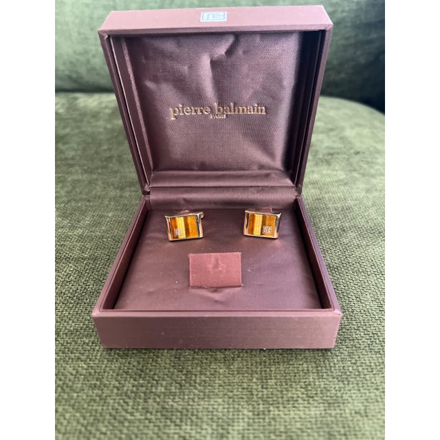 Vintage Balmain "Circa 1980s" Tiger Eye Cufflinks Original Purple Satin Case For Sale In New York - Image 6 of 18