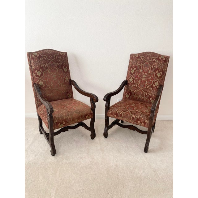 Baroque Style Renaissance Revival Tuscan Tall Back Carved Open Armchairs Upholstered Seat and Back Excellent Condition. For Sale - Image 13 of 17
