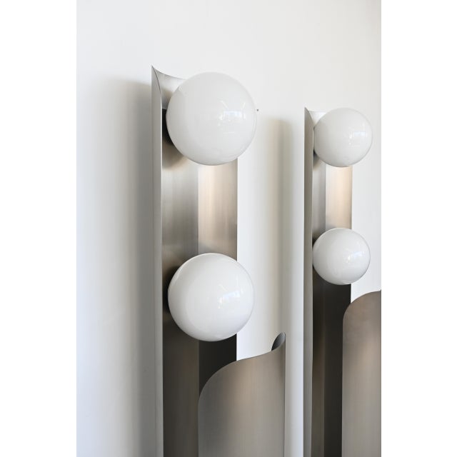 1970s 1970s Postmodern Tall Bruched Stainless Steel Metal Double Glass Globe Floor Lamp - a Pair For Sale - Image 5 of 9