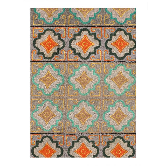 Antique Hooked Rug, United States, 1940 — Every element in this hooked rug border is sewn in a deep, rich Navy Blue with...