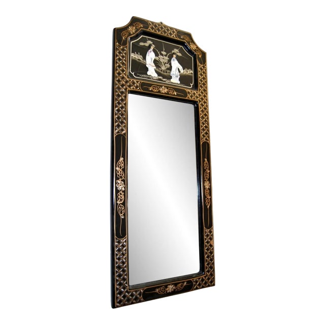 アンティーク姿見　hair mirror Black Lacquer Chinese Mirror With Maiden Figurines | Chairish