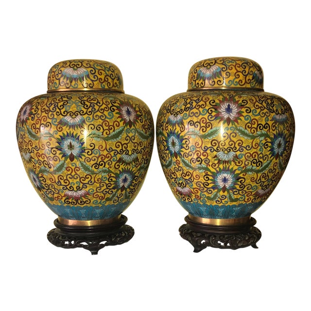 Antique Chinese Cloisonné Ginger Jars With Lids and Wood Stands a Pair Chairish