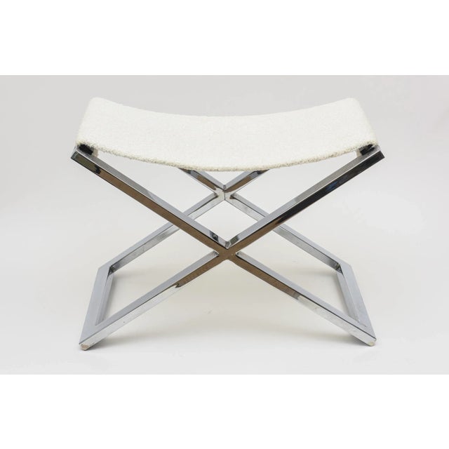 Vintage X Frame Chromed Steel Bench With New White Boucle Sling Seat, 1980's For Sale - Image 12 of 12