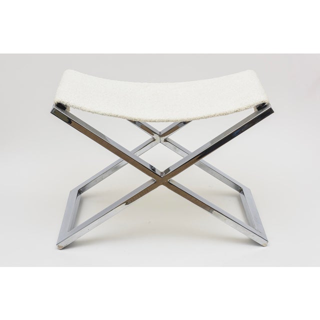 Vintage X Frame Chromed Steel Bench With New White Boucle Sling Upholstery 80's For Sale - Image 12 of 12