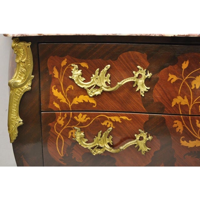 Late 20th Century French Louis XV Style Marble Top Marquetry Inlay & Bronze Bombe Commode Dresser For Sale In Philadelphia - Image 6 of 12
