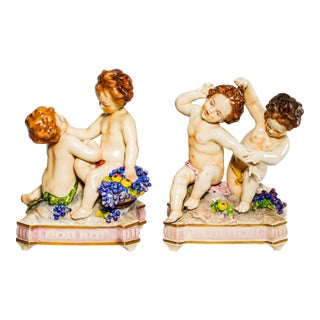 Pair Hand Painted Italian Porcelain Cherubs Antique Capodimonte Putti Figurines Sculpture Statue Old World Home Decor For Sale