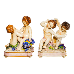 Pair Hand Painted Italian Porcelain Cherubs Antique Capodimonte Putti Figurines Sculpture Statue Old World Home Decor