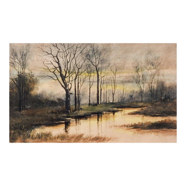 Early 20th Century Riverside Evening Landscape Watercolor Painting For Sale