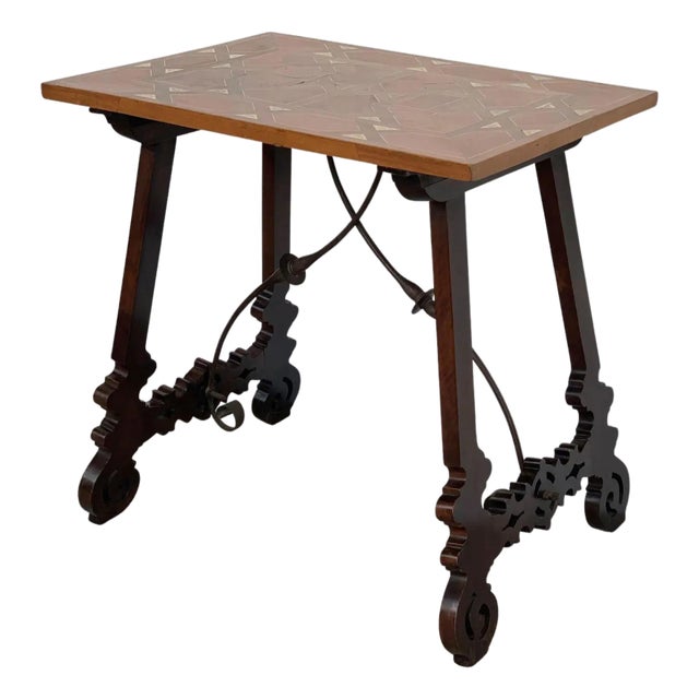 19th Century Baroque Spanish Side Table with Marquetry Top and Lyre Carved Legs For Sale