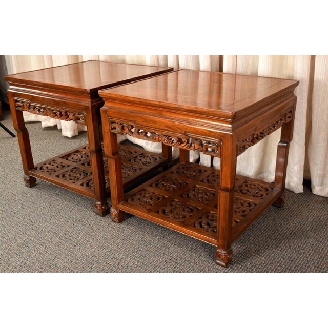 Chinese Vintage Chinese Pair of Carved Hardwood Side Tables With Fretwork For Sale - Image 3 of 6