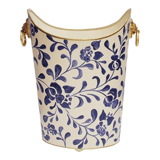 Matthew Izzo Home Wastebasket - Hand Painted Oval Tole Metal With Ink Blue Vine Design, Raised Edges, Gold Leaf Trim and Lion Head Handles For Sale