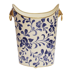 Matthew Izzo Home Wastebasket - Hand Painted Oval Tole Metal With Ink Blue Vine Design, Raised Edges, Gold Leaf Trim and Lion Head Handles