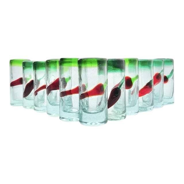 1990s Vintage Mexican Handblown Chili Pepper Set of 11 Double Shot Glasses For Sale