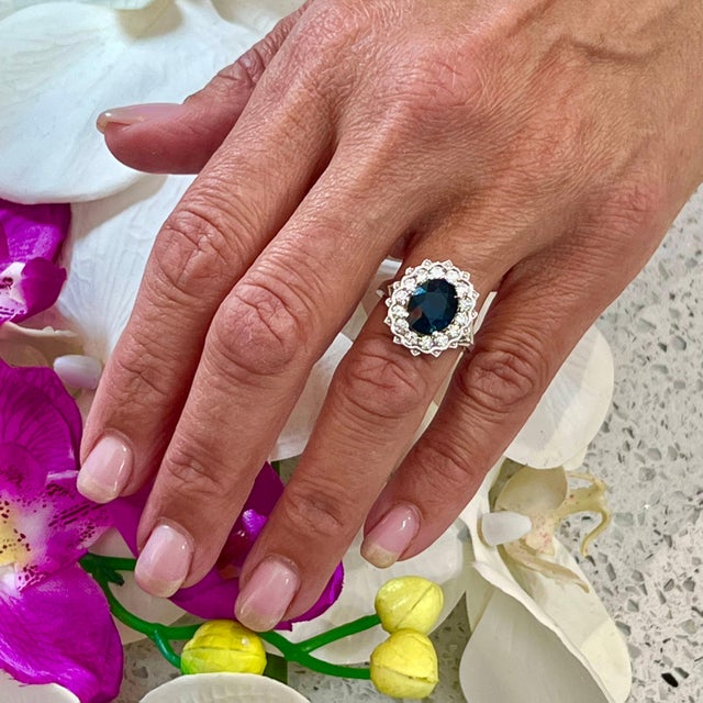 Traditional Natural Sapphire Diamond Ring 14k W Gold 5.81 TCW Certified For Sale - Image 3 of 9