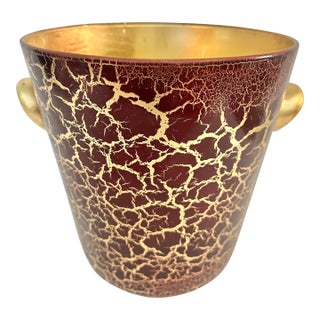 Vintage Italian Oxblood Red & Gold Crackle Glass Ice Bucket With Gilt Handles For Sale