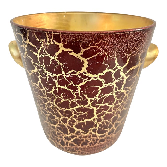 Vintage Italian Oxblood Red & Gold Crackle Glass Ice Bucket With Gilt Handles For Sale
