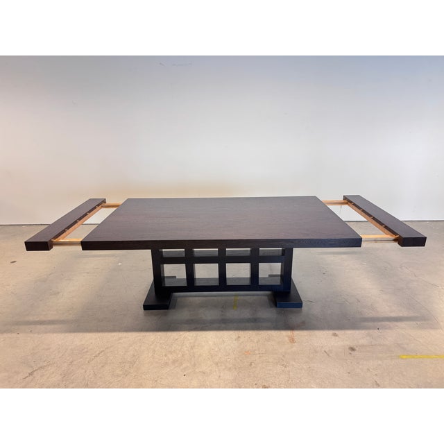 Brown Late 20th Century Ebonized Oak Extension Dining Table With Lattice Pedestal Base For Sale - Image 8 of 13
