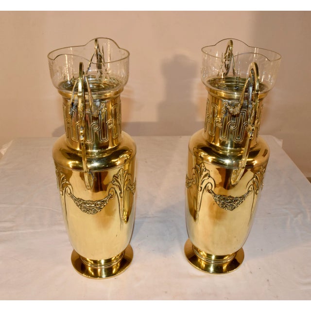 Pair of 19th C. Hand Cast Brass Vases With Glass Inserts For Sale - Image 9 of 11