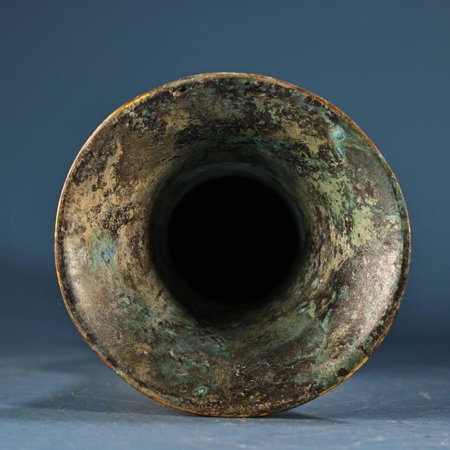 Bronze Gu Vase With Gold Inlay, Archaic Scroll & Script Motif, Chinoiserie Bronze Ritual Style Vessel For Sale - Image 9 of 10