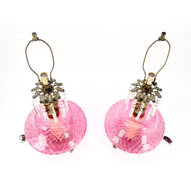 Pair of Large Cranberry Glass Crystal Decorated Table Lamps MINT! For Sale - Image 10 of 15