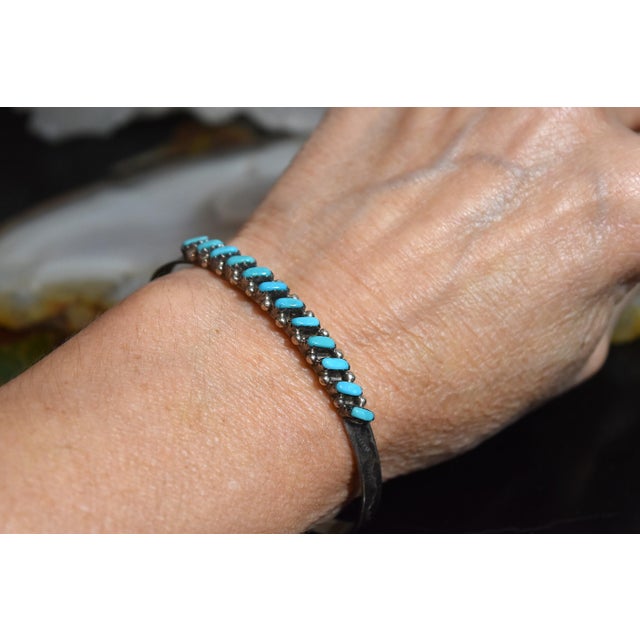 Vintage 1970's Zuni Turquoise Petit Point Sterling Silver Cuff Bracelet For Sale - Image 17 of 18
