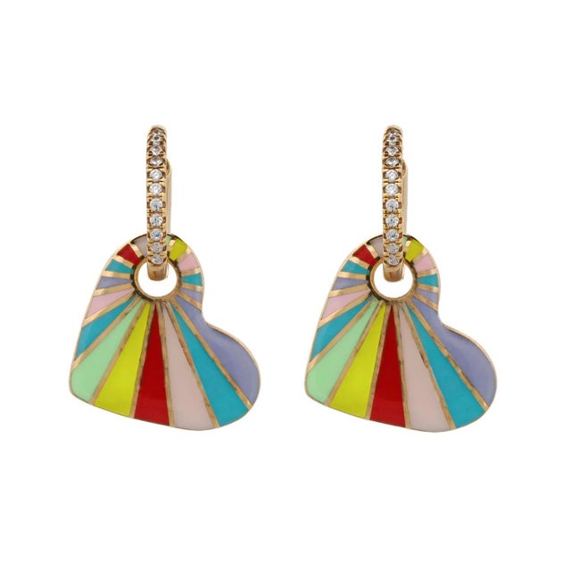 Rainbow Enamel Heart Gold & Diamond Hoop Earrings, A Pair For Sale In Miami - Image 6 of 6