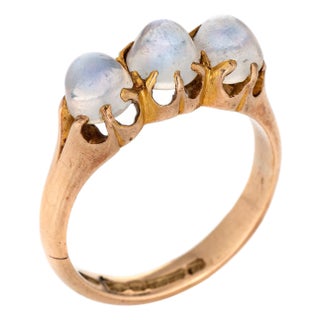 Late 19th Century 3 Stone Moonstone Victorian Ring C1899 Fine Antique Jewelry 9k Rose Gold Sz 5.75 For Sale