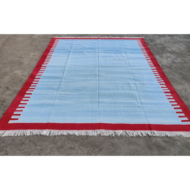 Handmade Cotton Zig Zag Patterned Rug, Sky Blue and Red Bordered Dhurrie - 10'x14' For Sale - Image 9 of 10