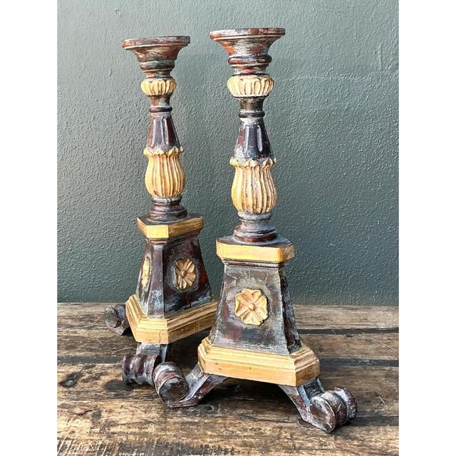 Hollywood Regency Vintage Italian Carved Wood Prickets - A Pair For Sale - Image 3 of 12