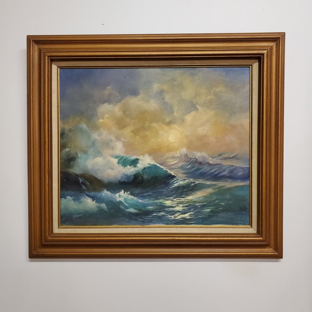 Large Seascape Vintage Painting, Framed For Sale - Image 9 of 12