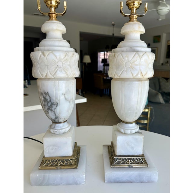 Pair of Italian Neoclassic Alabaster Table Lamps, Hand-Carved, 1950s For Sale - Image 4 of 18