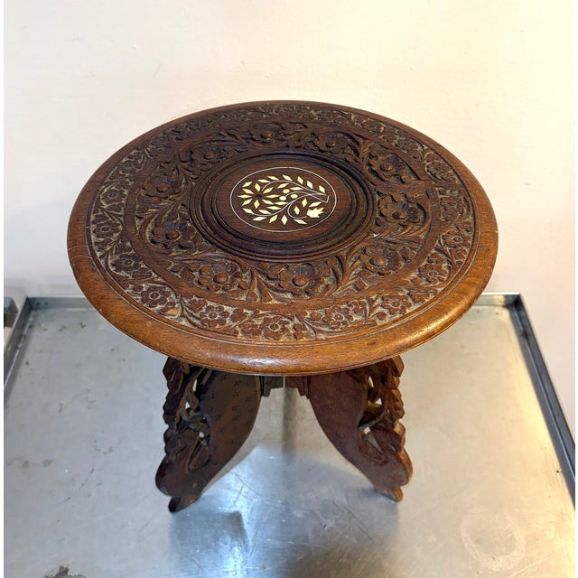 Boho Chic Carved Wood Indonesian Style Inlaid Folding Side Table For Sale - Image 3 of 4