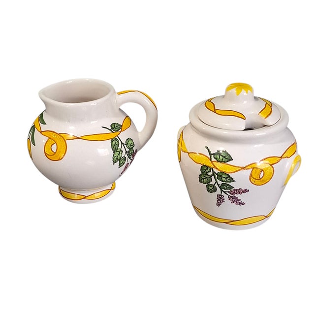 Ceramic Vintage Hand Painted Casa Fina Pottery Made in Portugal Creamer & Sugar Set Signed For Sale - Image 7 of 7