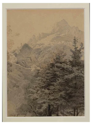 Friedrick Paul Nerly, Mountains, Original Pencil & Watercolor Drawing, 19th Century