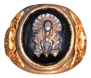 The El Cajon: Circa 1946 Onyx Ring in Yellow Gold with Native American Center Piece